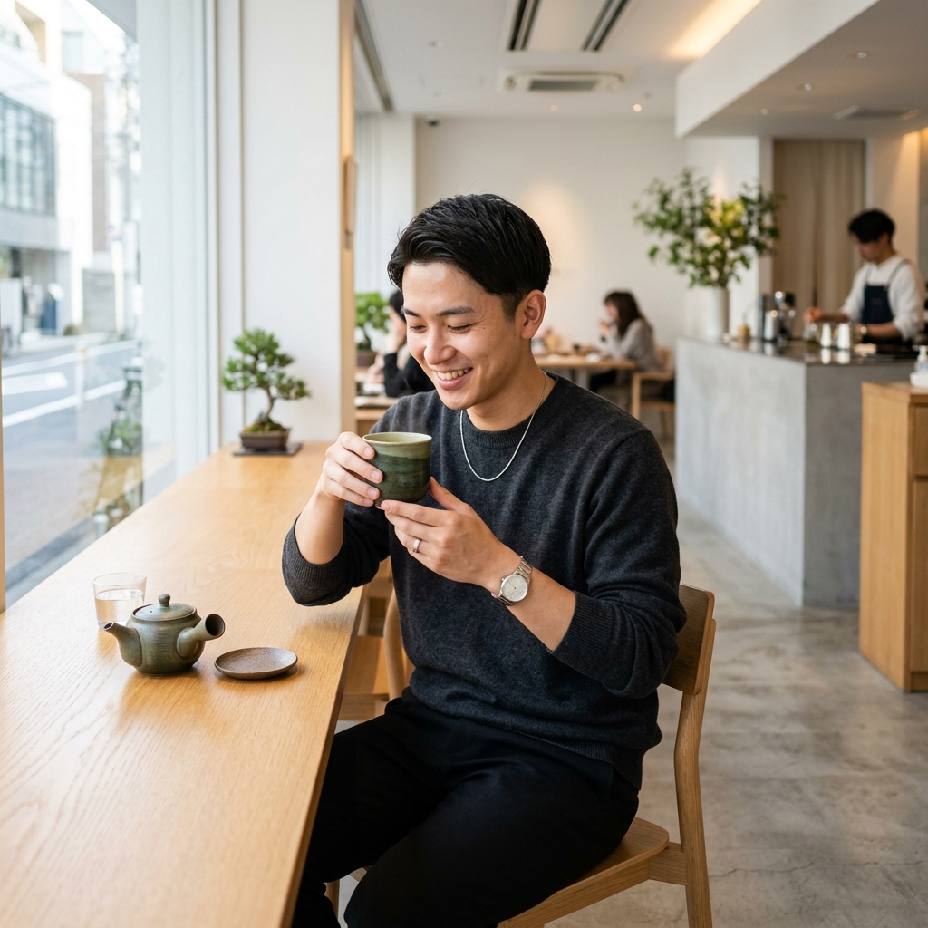 若者がお茶を楽しむ様子